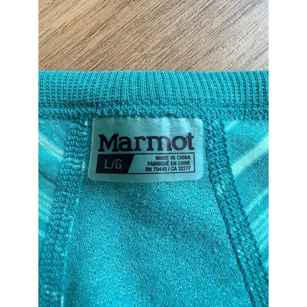 Marmot Womens Teal Striped V-Neck Activewear T-Shirt Size Large Short Sleeve‎